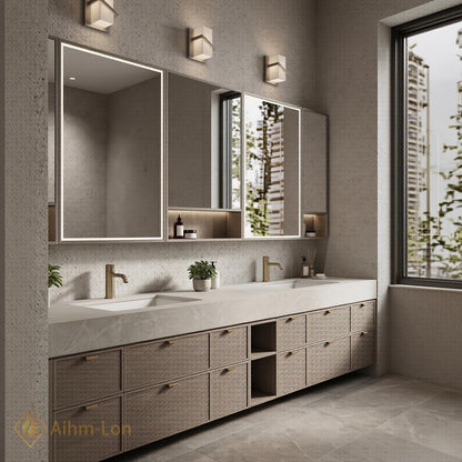 78''-96'' Double Bathroom Vanity with Sink Floating Stone Top Slatted Doors Center