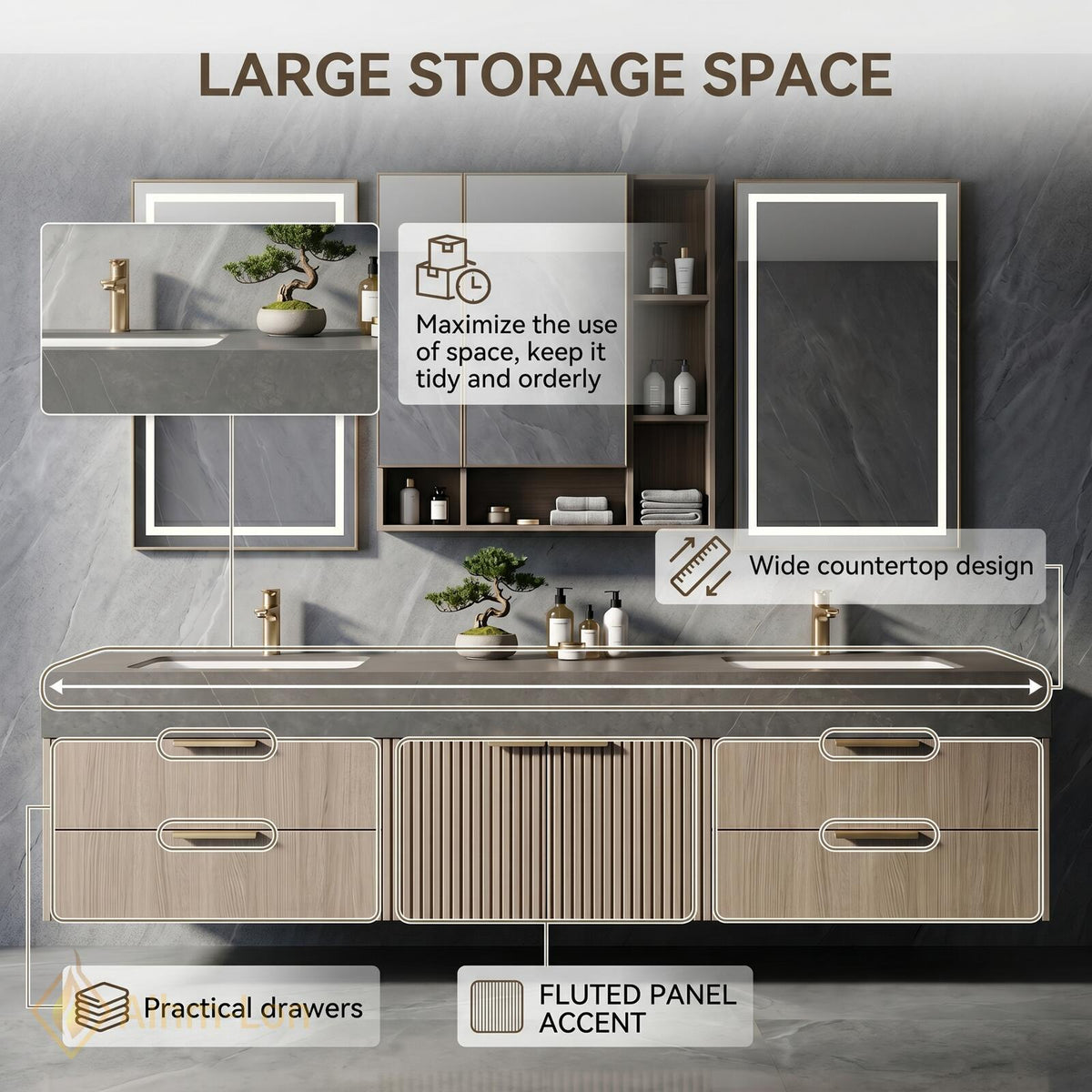 60''-96'' Modern Floating Bathroom Vanity with Sink Grey Stone Top Ribbed Doors