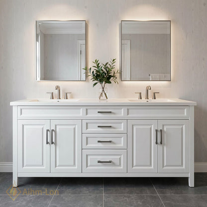 70''-96'' Refined Bathroom Vanity with Sink Crisp White Double Sink Raised Panel