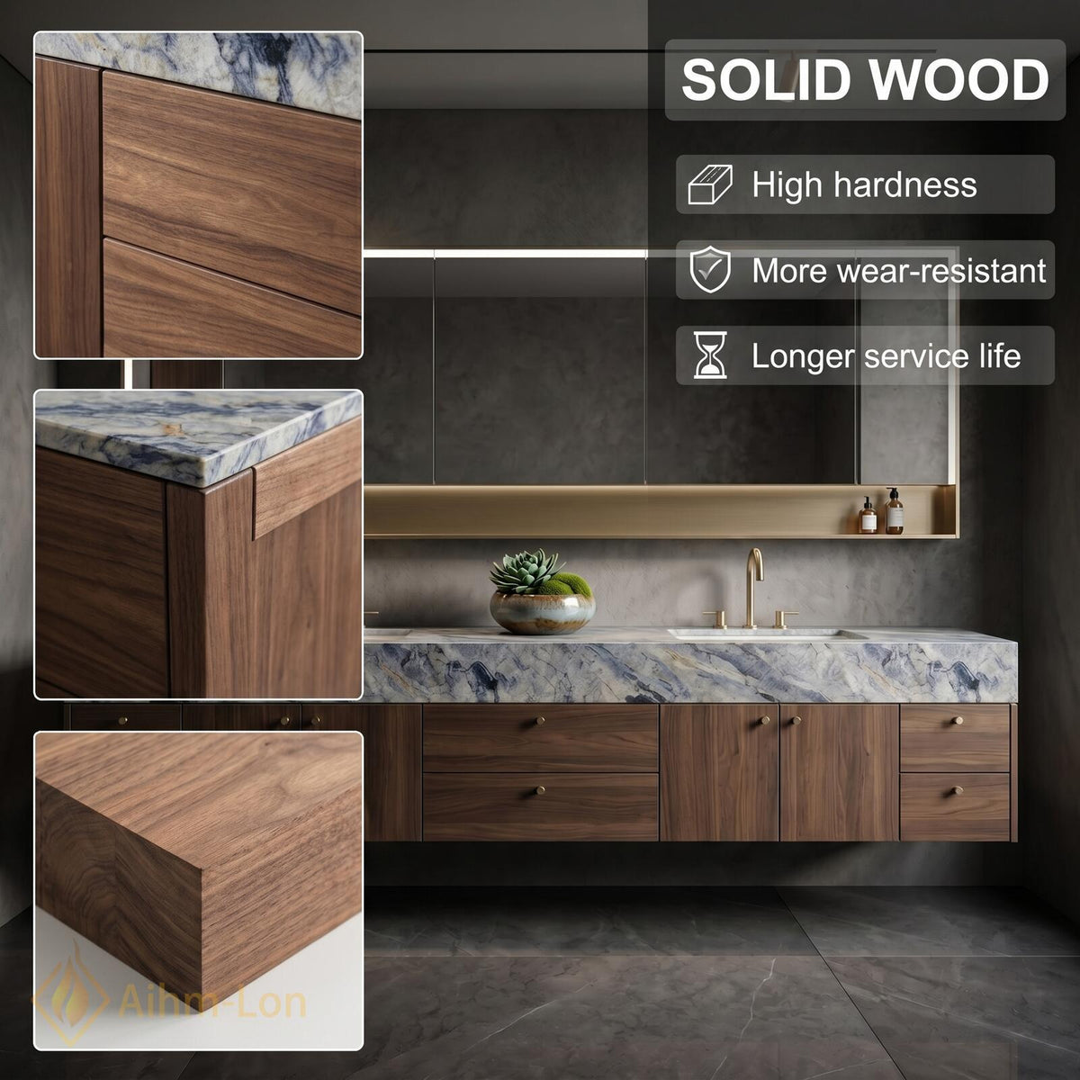60''-96'' Double Bathroom Vanity with Sink Marble Effect Open Drawer Storage