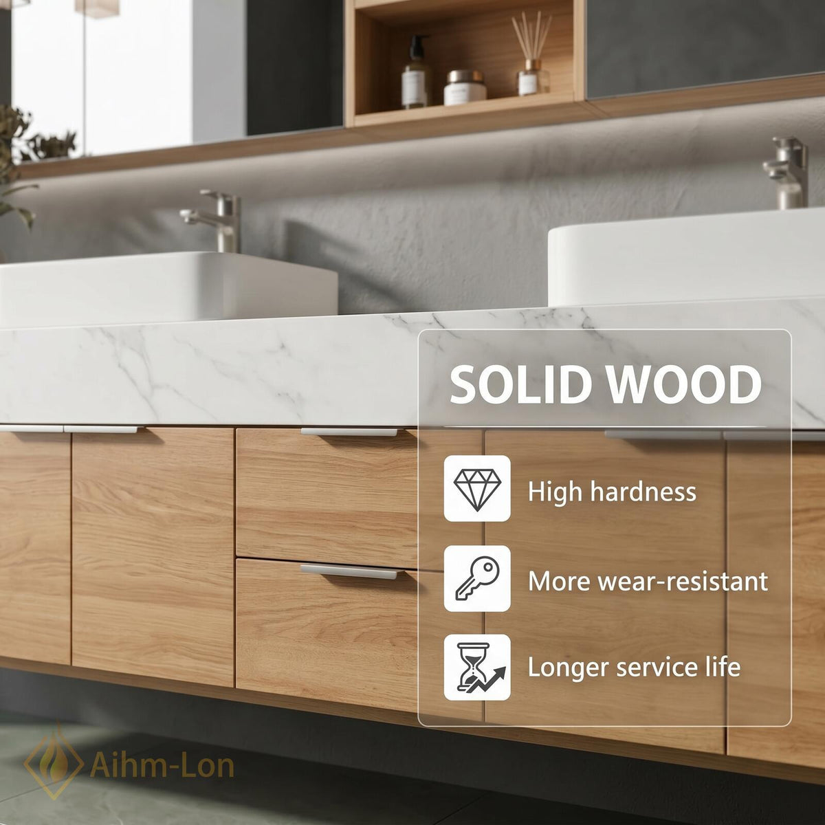 60''-96'' Double Bathroom Vanity with Sink White Marble-look Top Natural Oak Spacious Drawers