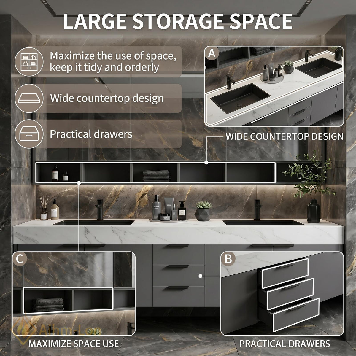 60''-96'' Double Bathroom Vanity with Sink Floating Matte Gray Finish Large Storage