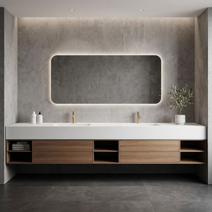 60''-96'' Floating Bathroom Vanity with Sink Minimalist Frame Solid Wood Cabinet Shelving