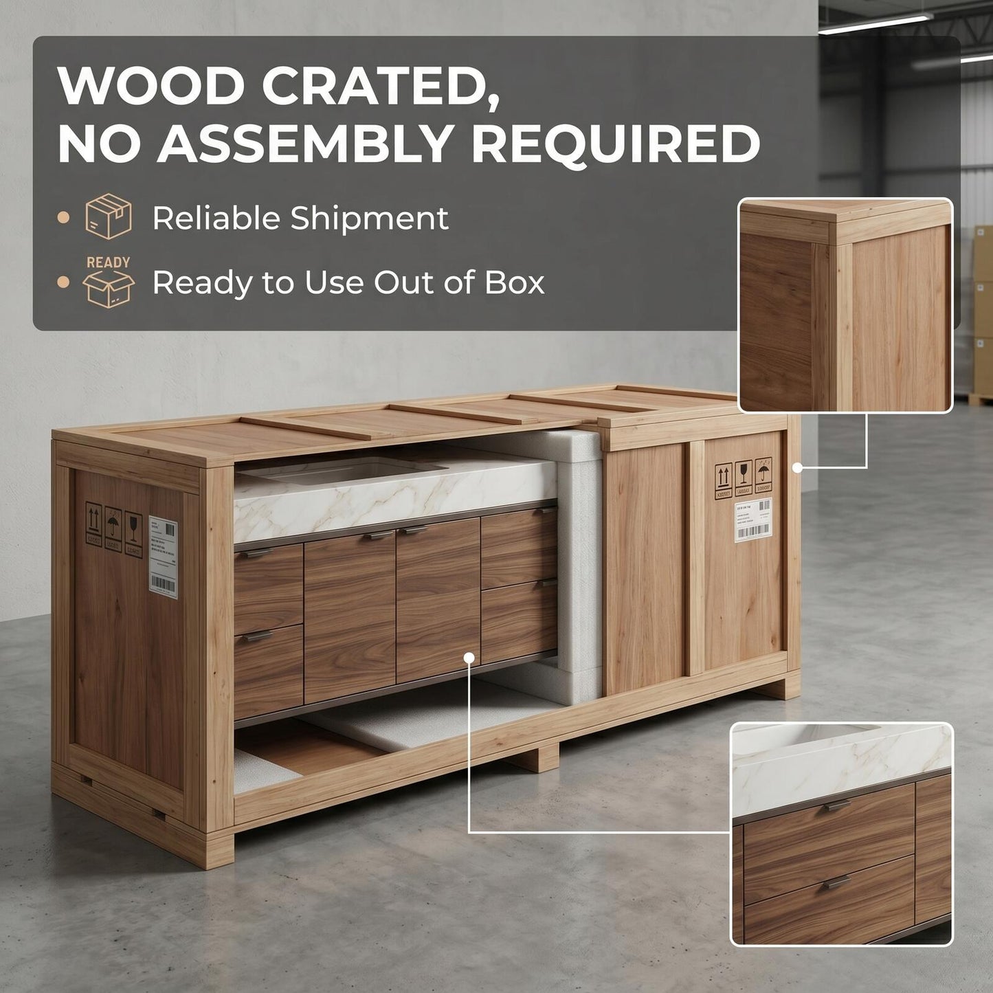 70''-96'' Modern Bathroom Vanity with Sink Double Sink Walnut Finish Slatted Panel Cabinet