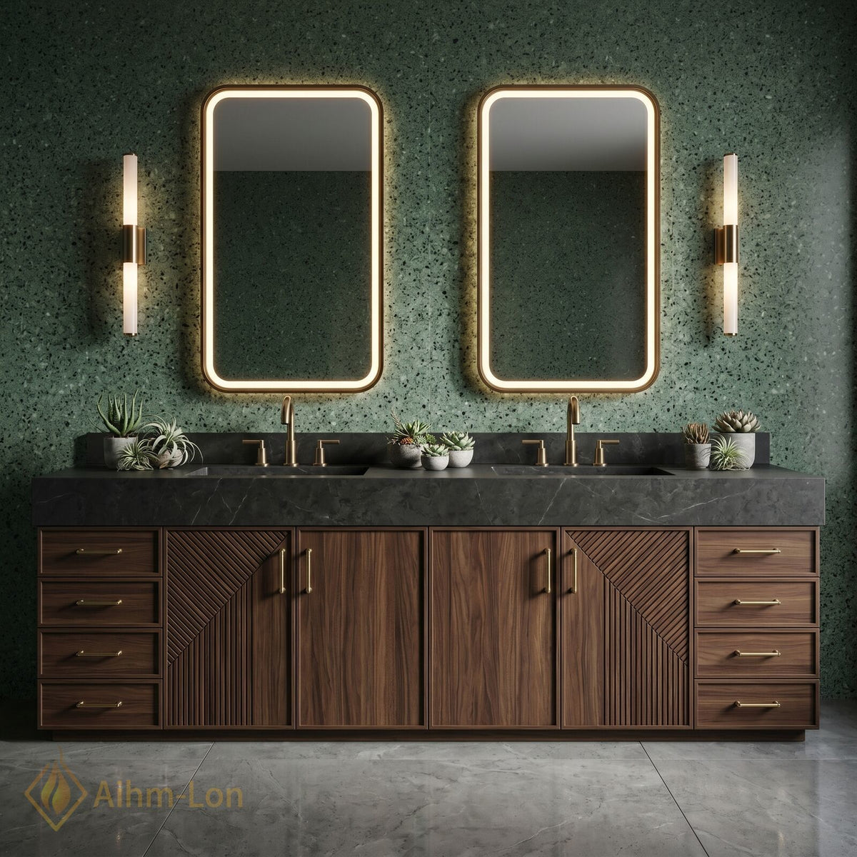 76''-96'' Double Bathroom Vanity with Sink Geometric Door Details Geometric Wood Dark