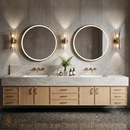 76''-96'' Double Bathroom Vanity with Sink Natural-Wood Modern Floating Stone-Top