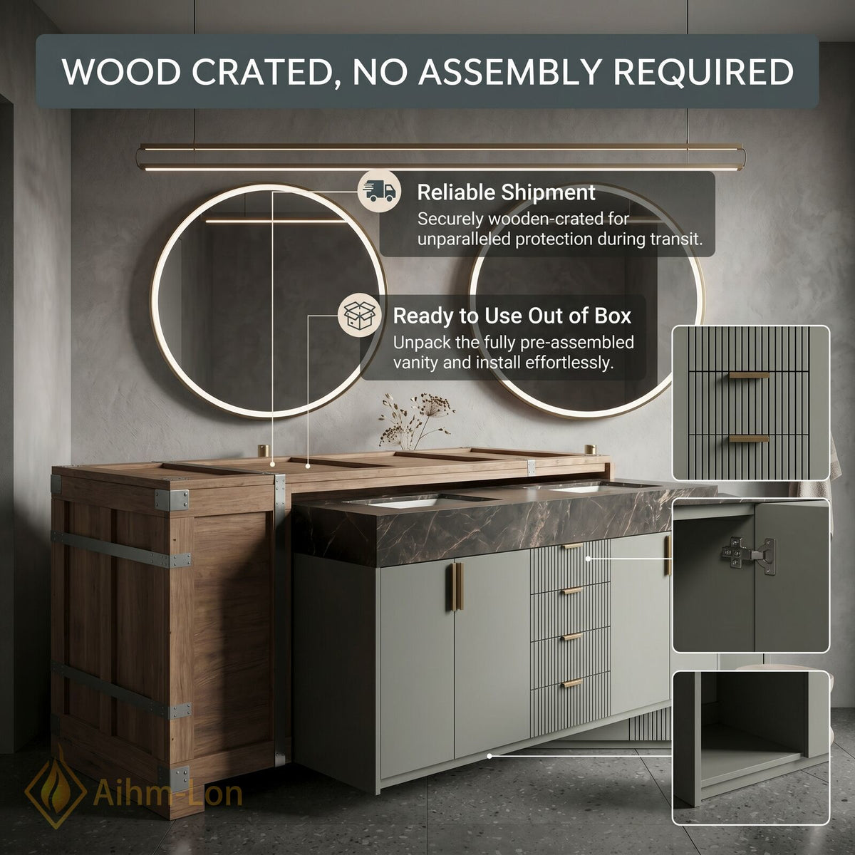 76''-96'' Double Bathroom Vanity with Sink Dark Marble Gray Slatted Front Drawers