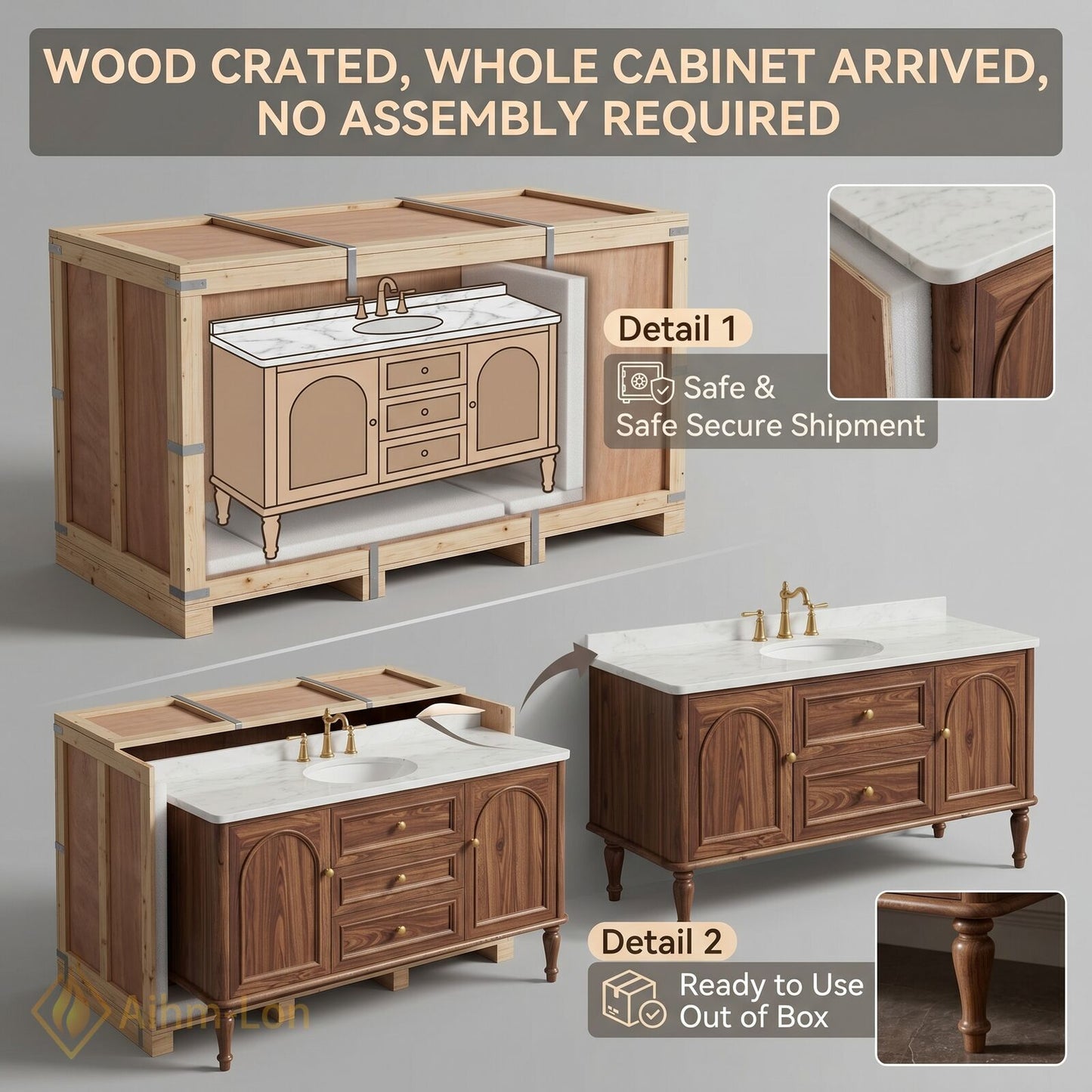 36''-64'' Single Bathroom Vanity with Sink Arched Door Panels Walnut Wood-Grain Finish