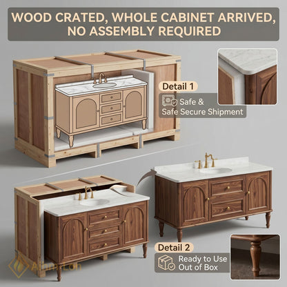 36''-64'' Single Bathroom Vanity with Sink Arched Door Panels Walnut Wood-Grain Finish
