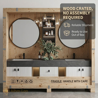 78''-96'' Double Bathroom Vanity with Sink Ribbed Front Panels Dark Stone Effect