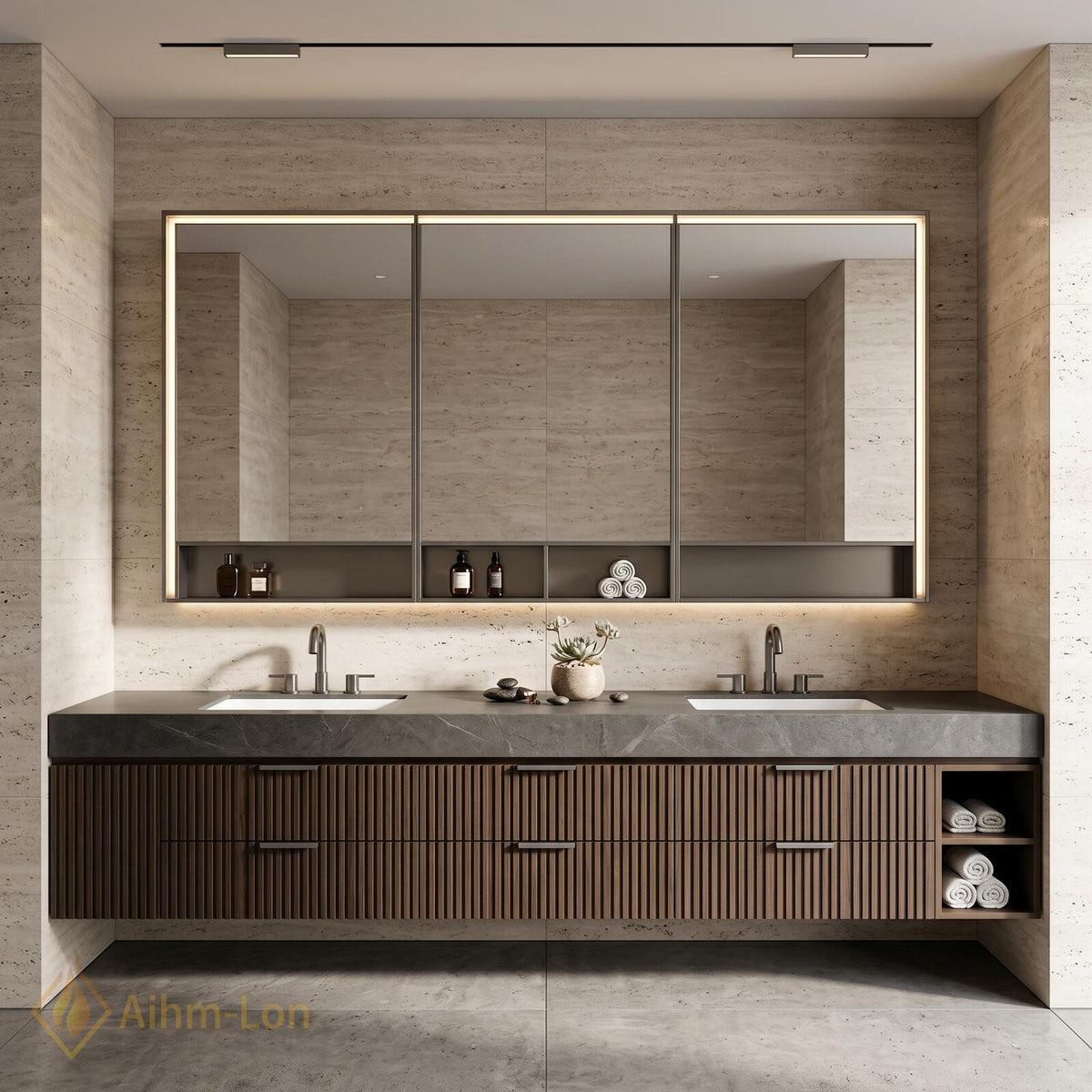 78''-96'' Bathroom Vanity with Sink Floating Vanity Walnut Finish Slatted Front Dark