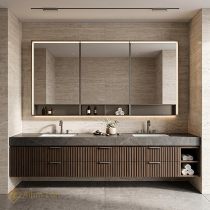 78''-96'' Bathroom Vanity with Sink Floating Vanity Walnut Finish Slatted Front Dark
