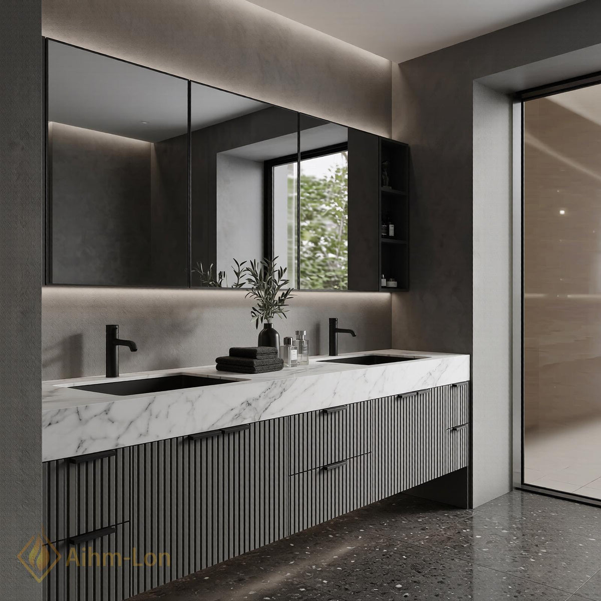 60''-96'' Bathroom Vanity with Sink Modern Floating 2 Slat Front Marble Look
