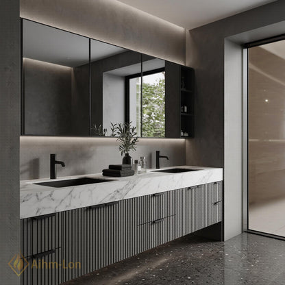 60''-96'' Bathroom Vanity with Sink Modern Floating 2 Slat Front Marble Look