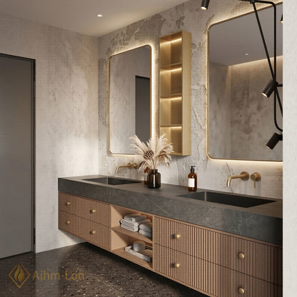 60''-96'' Double Bathroom Vanity with Sink Slatted Wood Warm Finish Open Shelving