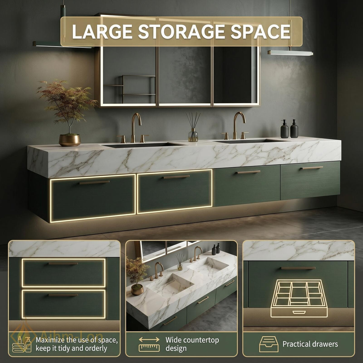 60''-96'' Double Bathroom Vanity with Sink Dark Green Textured Finish Open Shelving