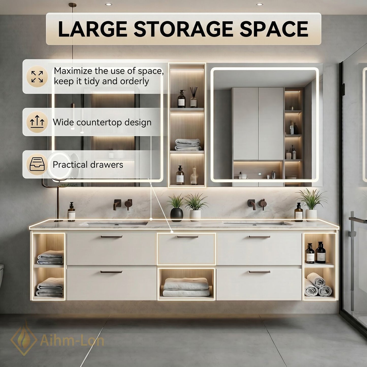 70''-96'' Double Bathroom Vanity with Sink Stone Top Illuminated Mirrors Storage