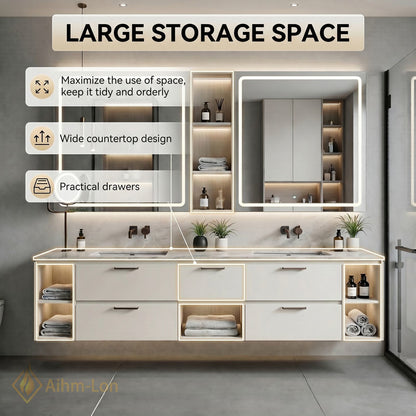 70''-96'' Double Bathroom Vanity with Sink Stone Top Illuminated Mirrors Storage