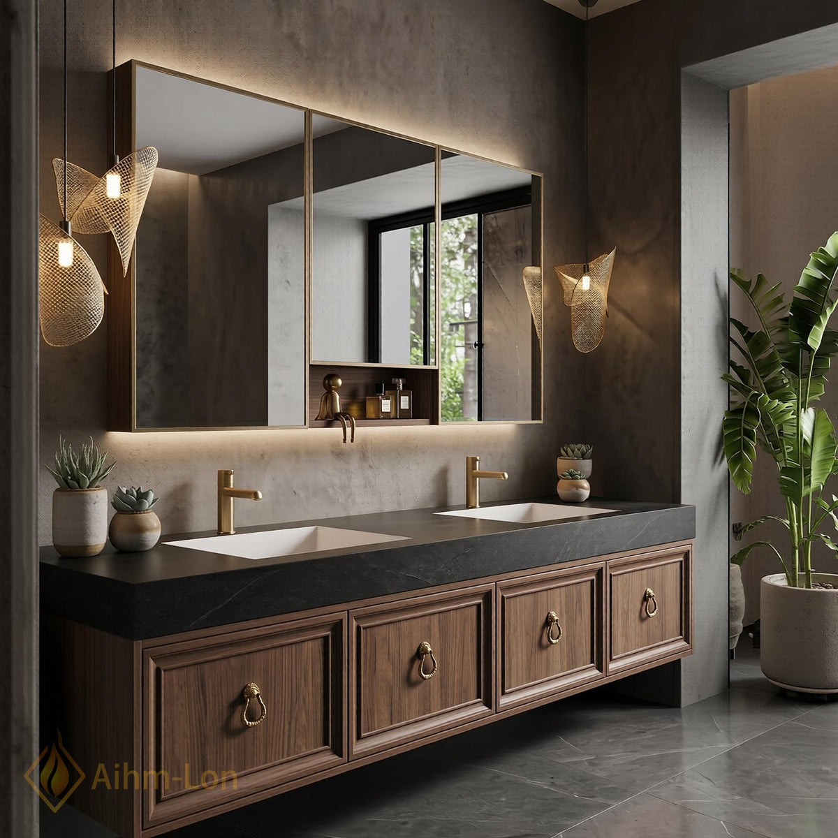 60''-96'' Bathroom Vanity with Sink Floating Slatted Panel Front Dark Walnut Finish