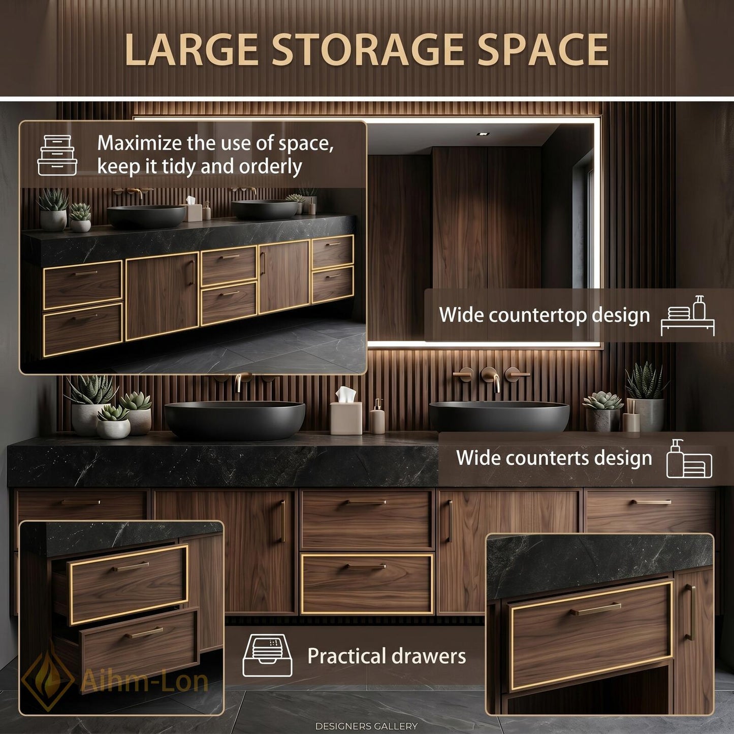 70''-96'' Double Bathroom Vanity with Sink Wood Walnut Modern Slatted Back Rich