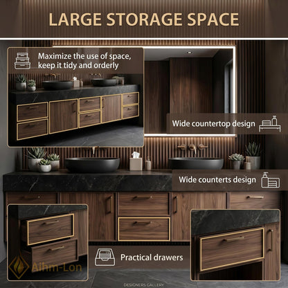 70''-96'' Double Bathroom Vanity with Sink Wood Walnut Modern Slatted Back Rich