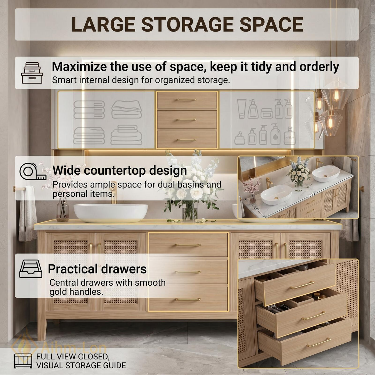60''-96'' Double Bathroom Vanity with Sink Rattan Fronts Light Oak Frame Storage