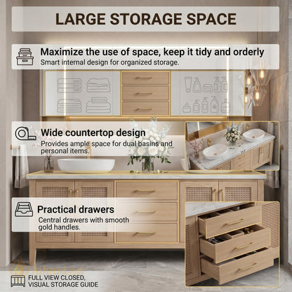 60''-96'' Double Bathroom Vanity with Sink Rattan Fronts Light Oak Frame Storage