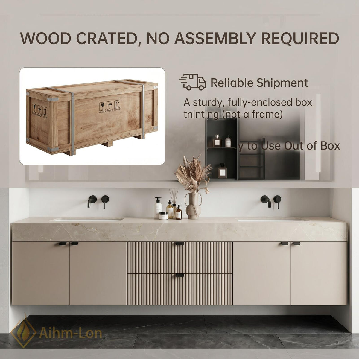 60''-96'' Bathroom Vanity with Sink Floating Double Ribbed Drawers Stone Textured Finish