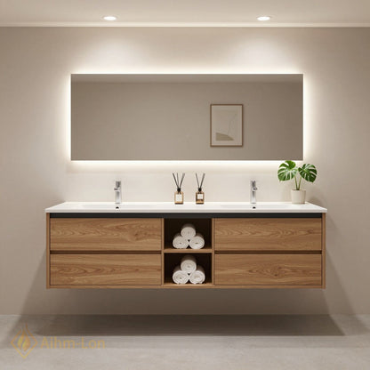 60''-96'' Floating Bathroom Vanity with Sink Double Sink Wood Grain Open Center Cabinet