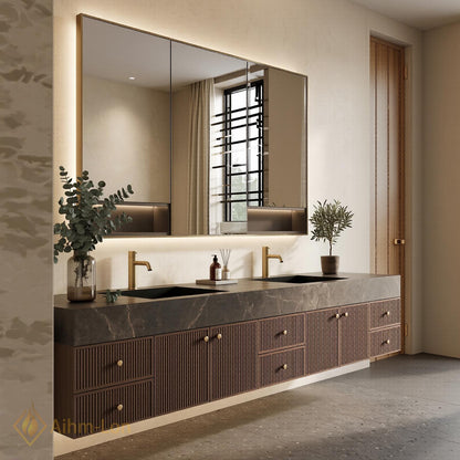 78''-96'' Modern Bathroom Vanity with Sink Floating Dark Stone Slatted Fluted Drawers