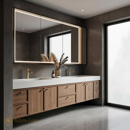 60''-96'' Double Bathroom Vanity with Sink Floating Warm Oak Grain Finish Drawers