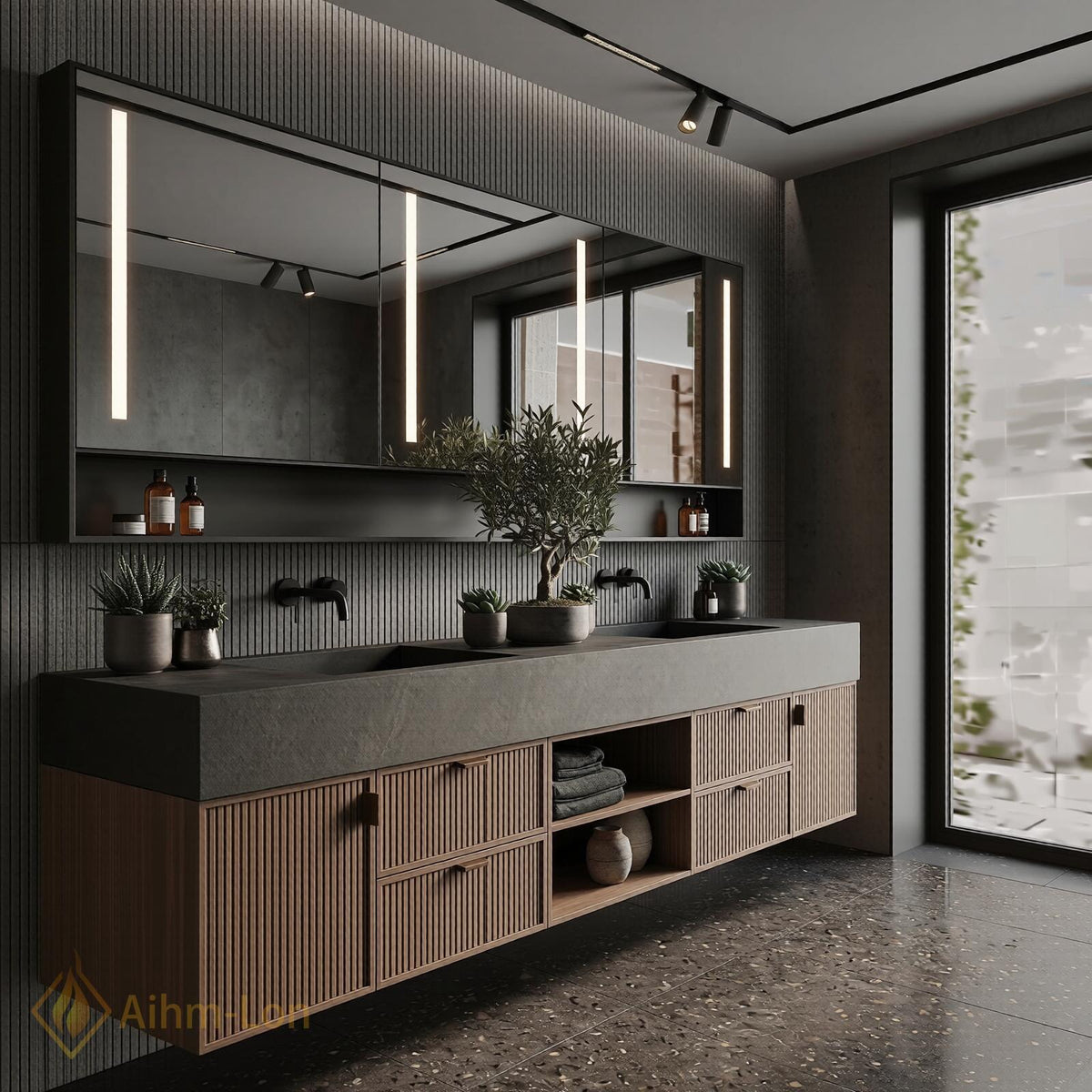 72''-96'' Bathroom Vanity with Sink Floating Vanity Slatted Wood Finish Open Center