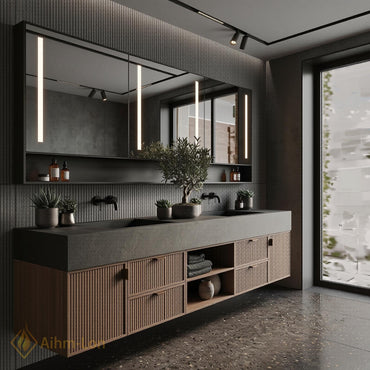 72''-96'' Bathroom Vanity with Sink Floating Vanity Slatted Wood Finish Open Center