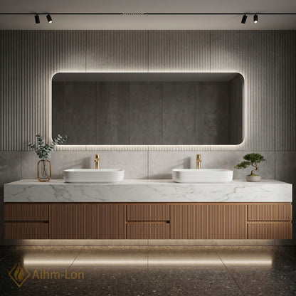 60''-96'' Double Bathroom Vanity with Sink Slatted Panel Marble Top Open Storage