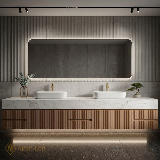 60''-96'' Double Bathroom Vanity with Sink Slatted Panel Marble Top Open Storage