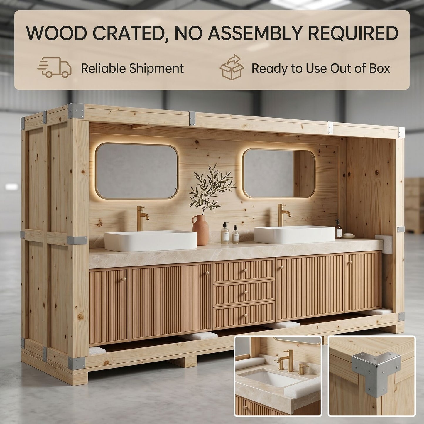 72''-96'' Modern Bathroom Vanity with Sink Fluted Wood Paneling Cream Stone Top