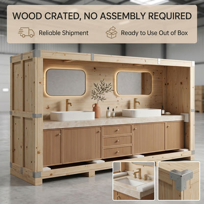 72''-96'' Modern Bathroom Vanity with Sink Fluted Wood Paneling Cream Stone Top