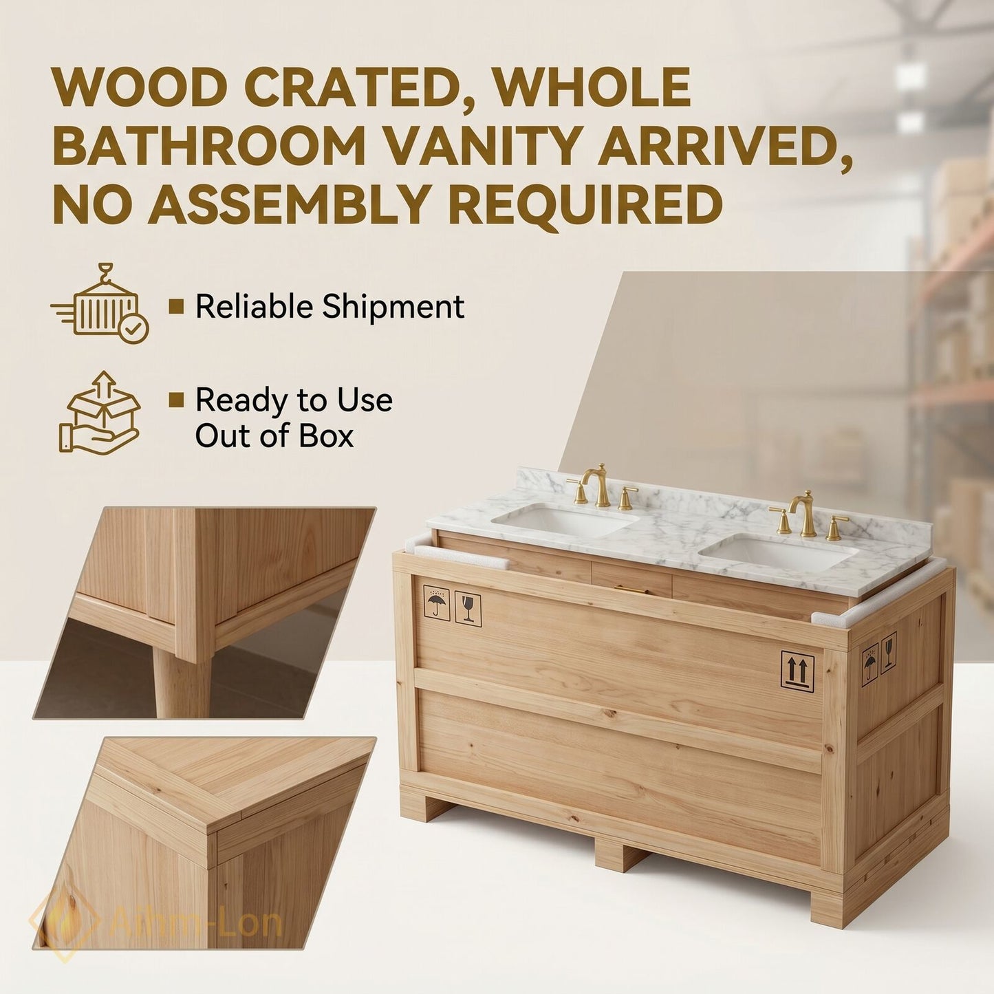60''-96'' Modern Bathroom Vanity with Sink Wood Grain Marble Gold Handles Cabinet