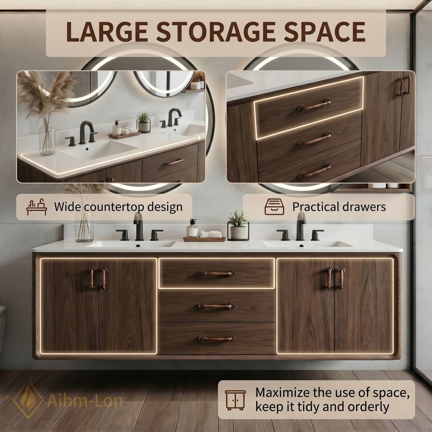70''-96'' Double Bathroom Vanity with Sink Rich Wood Grain Floating Center Drawers