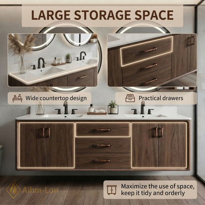 70''-96'' Double Bathroom Vanity with Sink Rich Wood Grain Floating Center Drawers