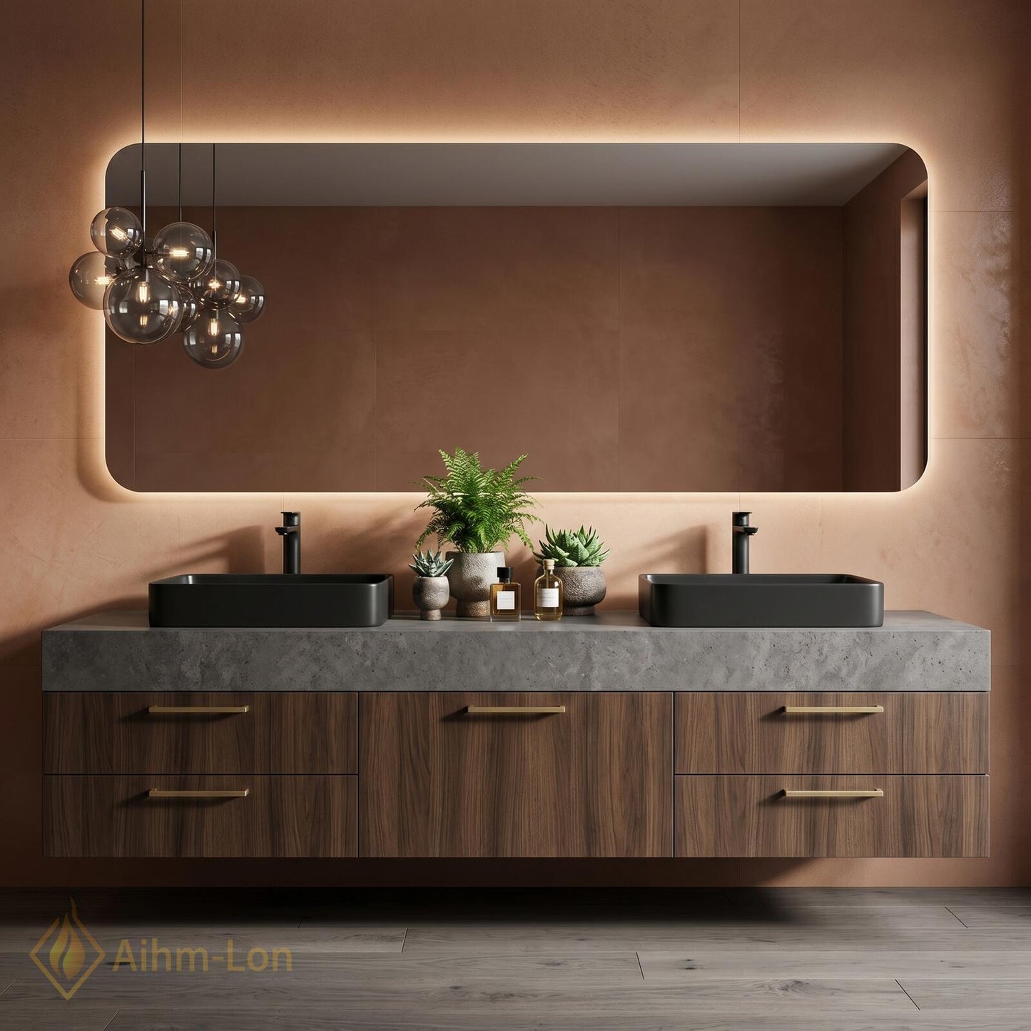 60''-96'' Double Bathroom Vanity with Sink Walnut Modern Floating Top Grain Drawers