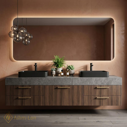 60''-96'' Double Bathroom Vanity with Sink Walnut Modern Floating Top Grain Drawers