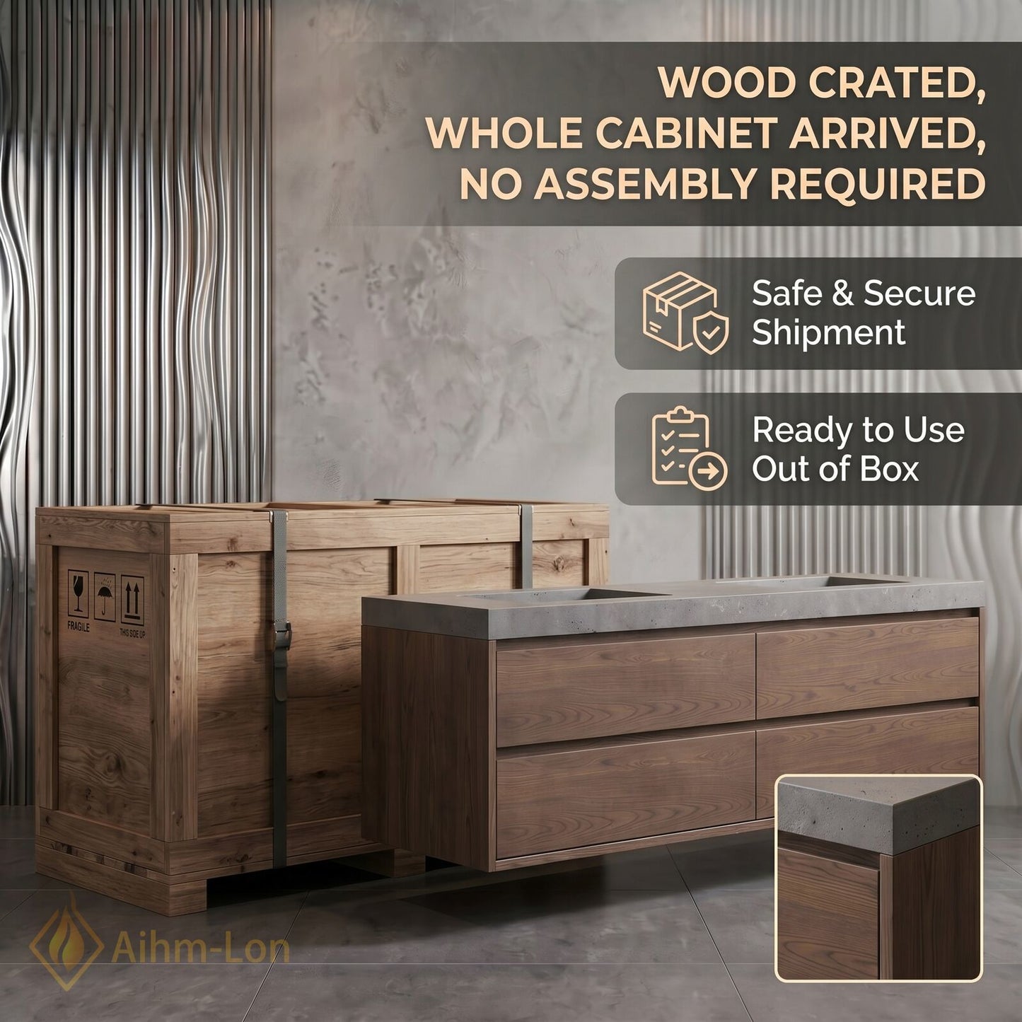 60''-96'' Floating Bathroom Vanity with Sink Dual Wall Mounted Textured Grey Stone Top Cabinet