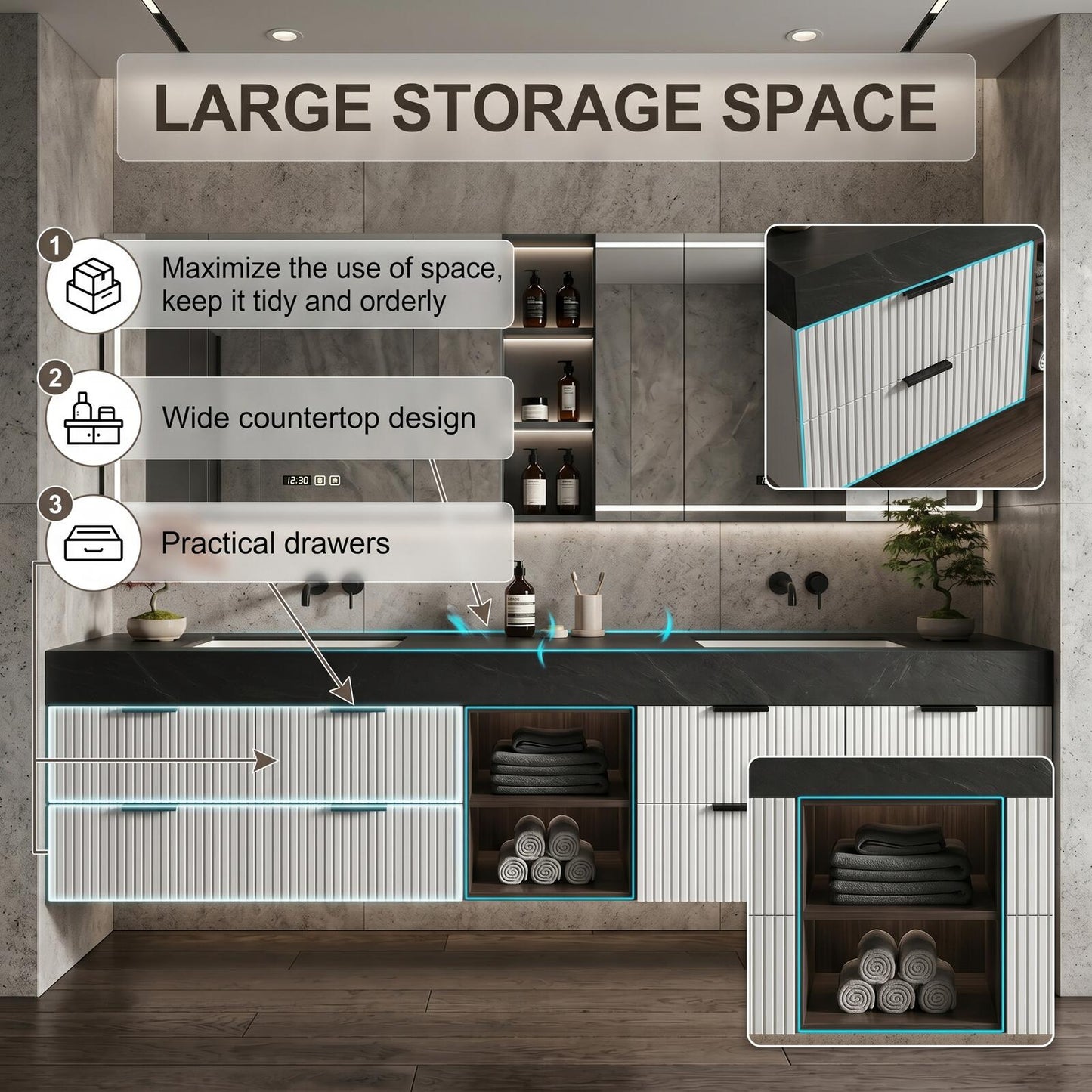 70''-96'' Modern Bathroom Vanity with Sink Floating Dark Stone Ribbed Panel Fronts Cabinet