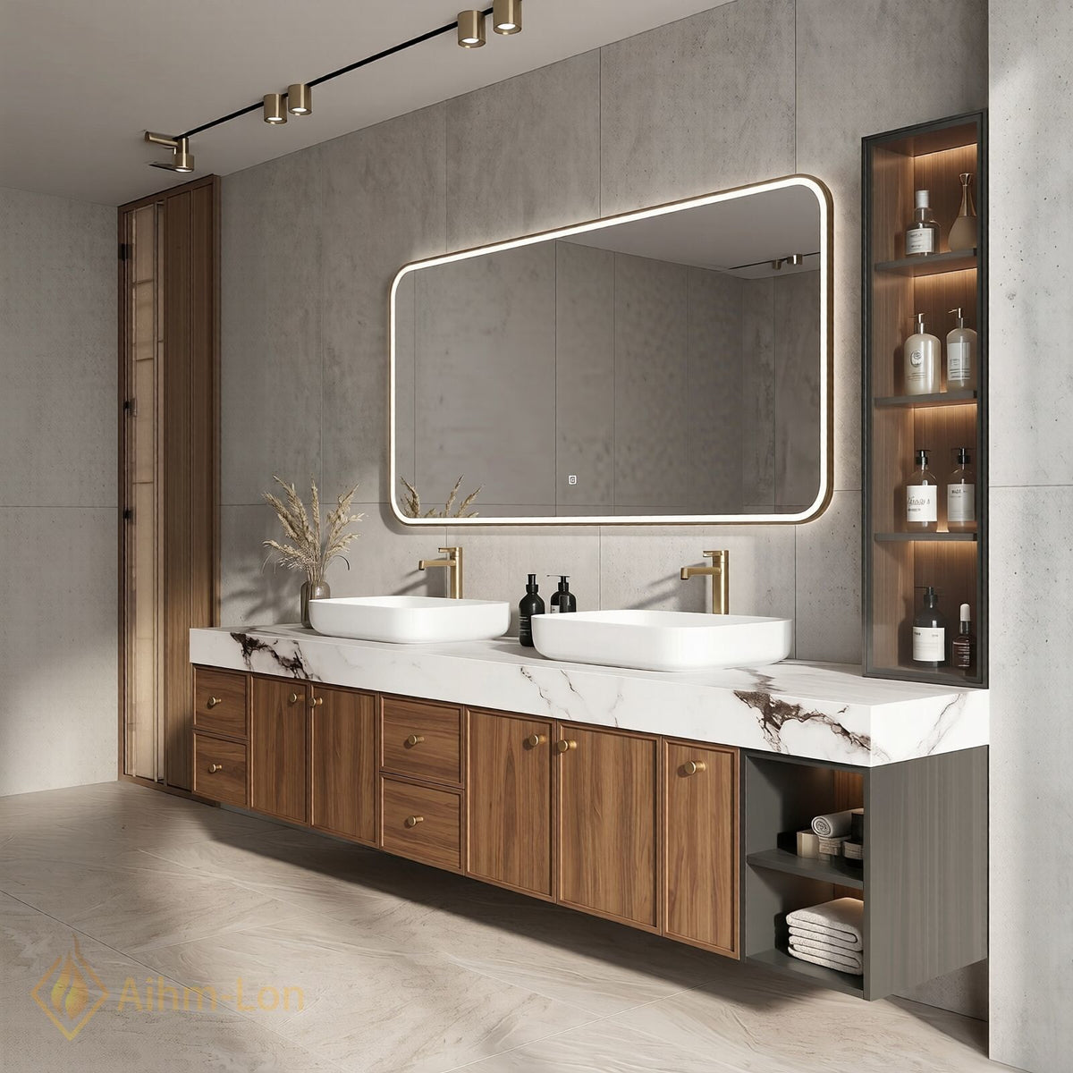 78''-96'' Double Bathroom Vanity with Sink Marble Style Top Warm Wood Finish