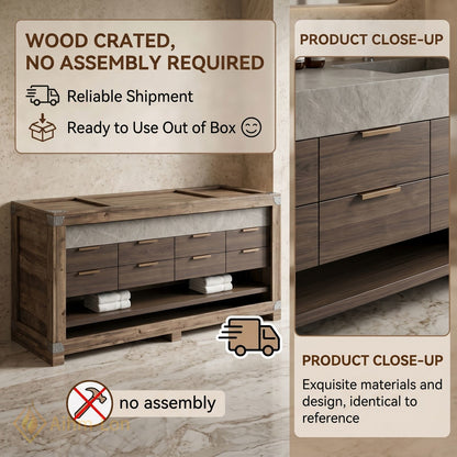 70''-96'' Double Bathroom Vanity with Sink Modern Stone Textured Top Dark Wood