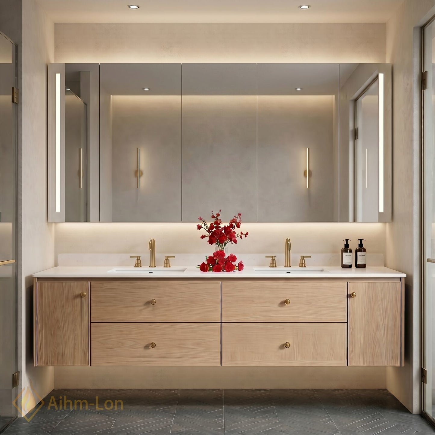 60''-96'' Floating Bathroom Vanity with Sink Solid Wood Grain Four Wide Drawers Cabinet