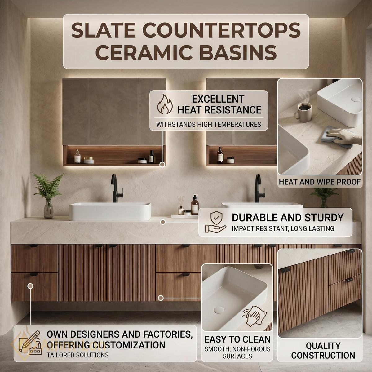 60''-96'' Double Bathroom Vanity with Sink Modern Floating Fluted Wood Panels Vessel