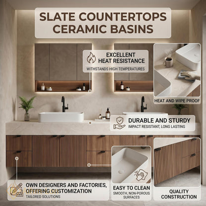 60''-96'' Double Bathroom Vanity with Sink Modern Floating Fluted Wood Panels Vessel