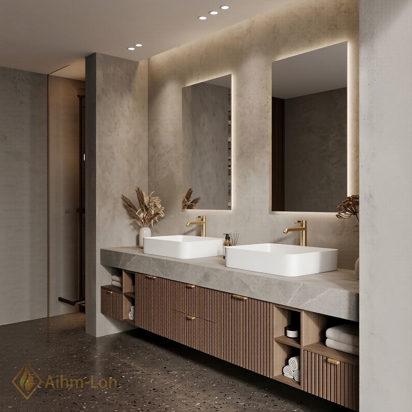 78''-96'' Double Bathroom Vanity with Sink Grey-Marble Grey Floating Modern Slatted Wood